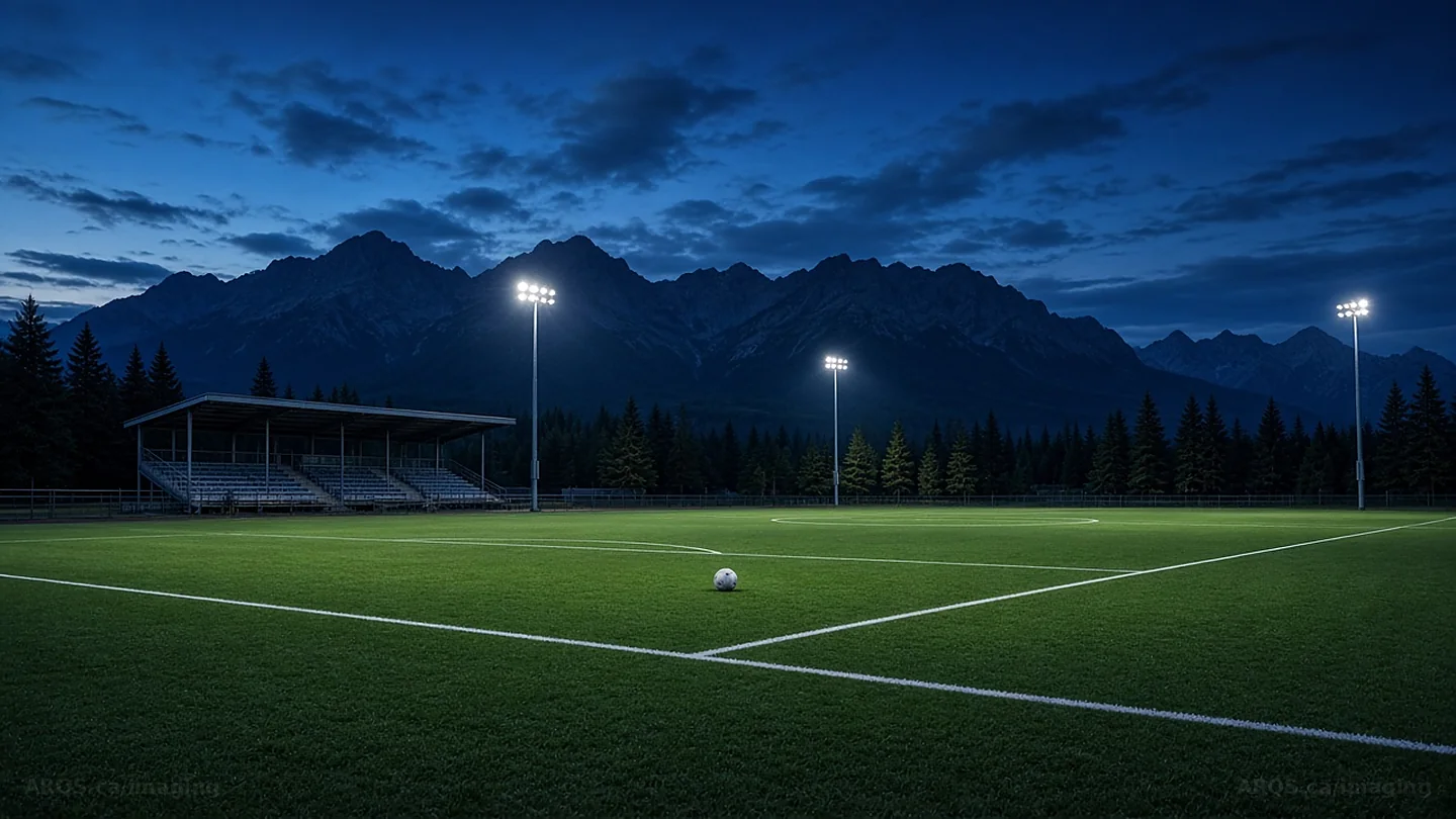 A floodlit community soccer field below the mountains at blue hour