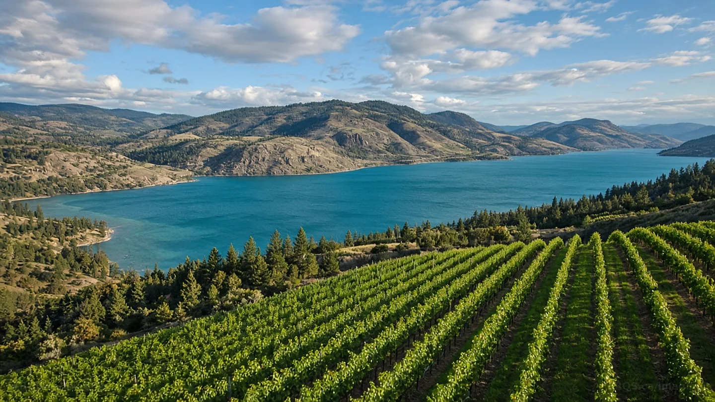Vineyard rows above Okanagan Lake in the late-afternoon sun