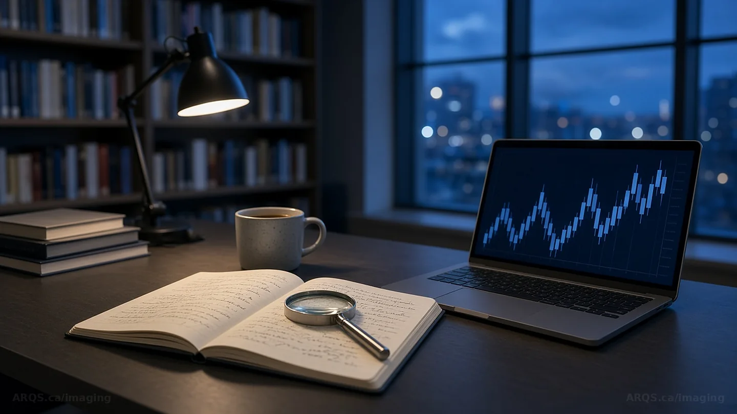 A library desk at dusk with a notebook, magnifying glass and a laptop chart